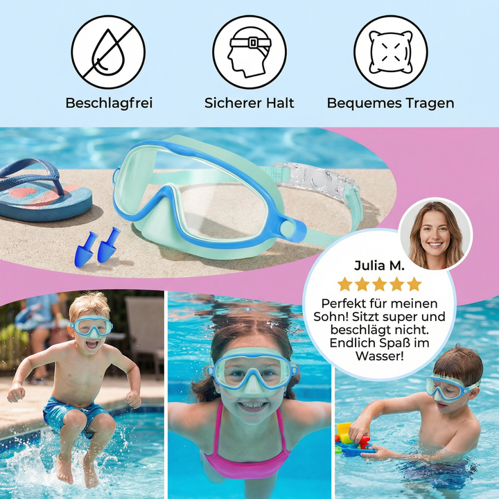 Farbenfrohe Kinder Schwimmbrille, beschlagfrei, für sicheren und lustigen Badespaß im Pool.