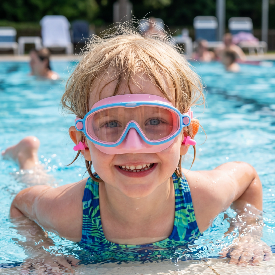 Seitenansicht der verstellbaren Kinder Schwimmbrille aus Silikon für optimalen Tragekomfort.