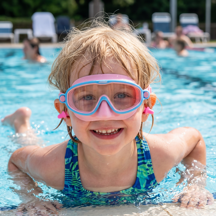Seitenansicht der verstellbaren Kinder Schwimmbrille aus Silikon für optimalen Tragekomfort.