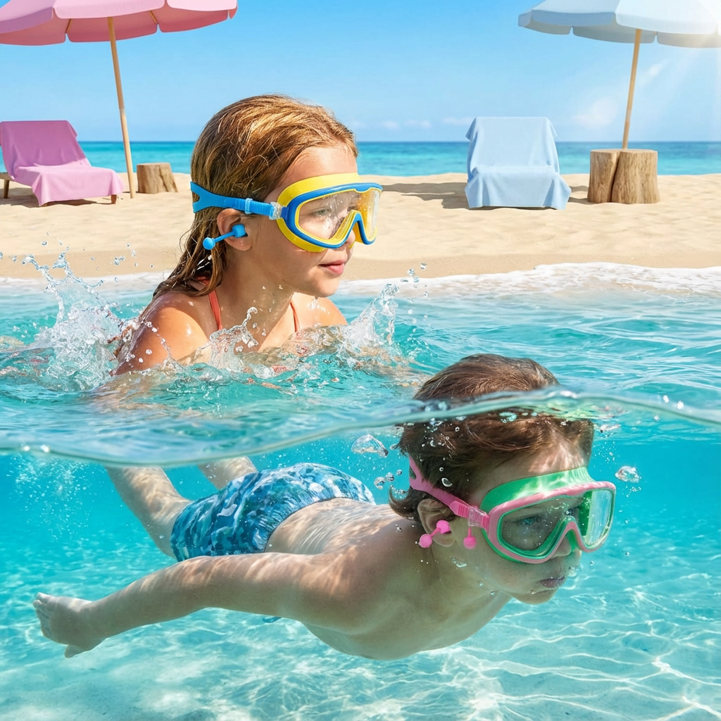 Glückliches Kind trägt bequeme, verstellbare Schwimmbrille für sicheres Schwimmen und Sommerspaß im Wasser.