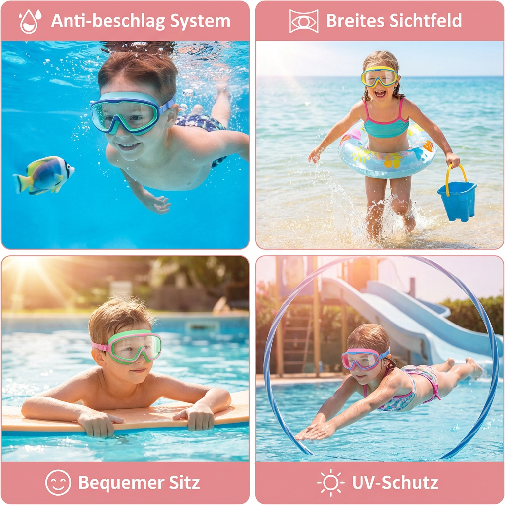 Kind mit zuverlässiger Anti-Beschlag Schwimmbrille springt ins kühle Wasser, bereit für unbeschwerten Sommerspaß.