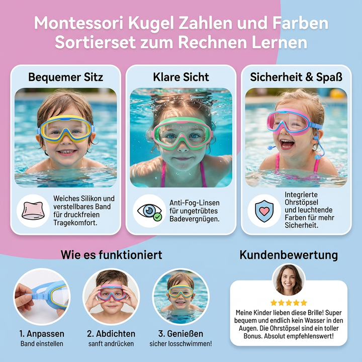 Nahaufnahme: Blaue Kinder Schwimmbrille mit Anti-Beschlag Gläsern und verstellbarem, komfortablem Band.