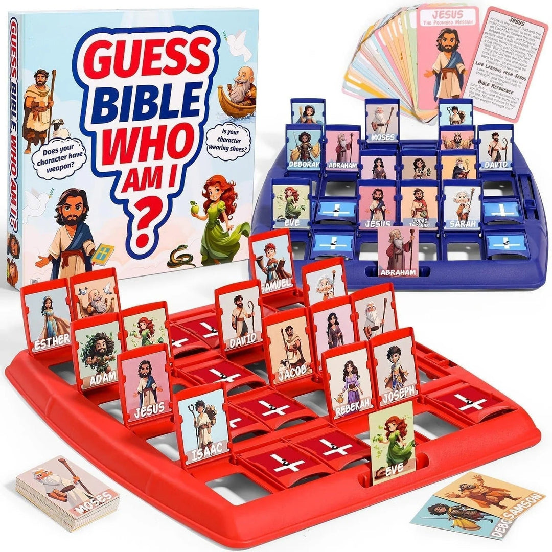 Kinder spielen Bibel-Ratespiel: Spannendes Familienspiel zum spielerischen Entdecken biblischer Figuren.