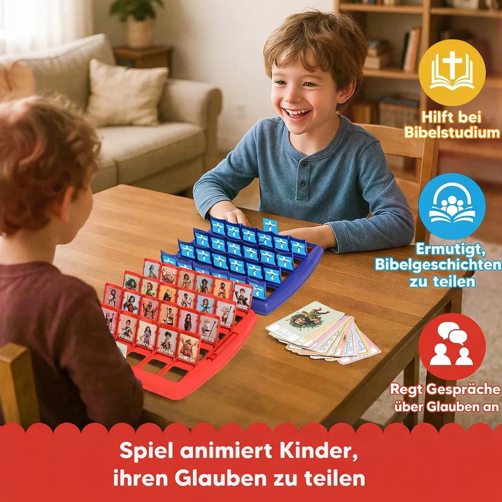 Bibel-Ratespiel für Kinder: Spielbrett, Karten mit biblischen Figuren und Würfel. Pädagogisches Lernspiel.