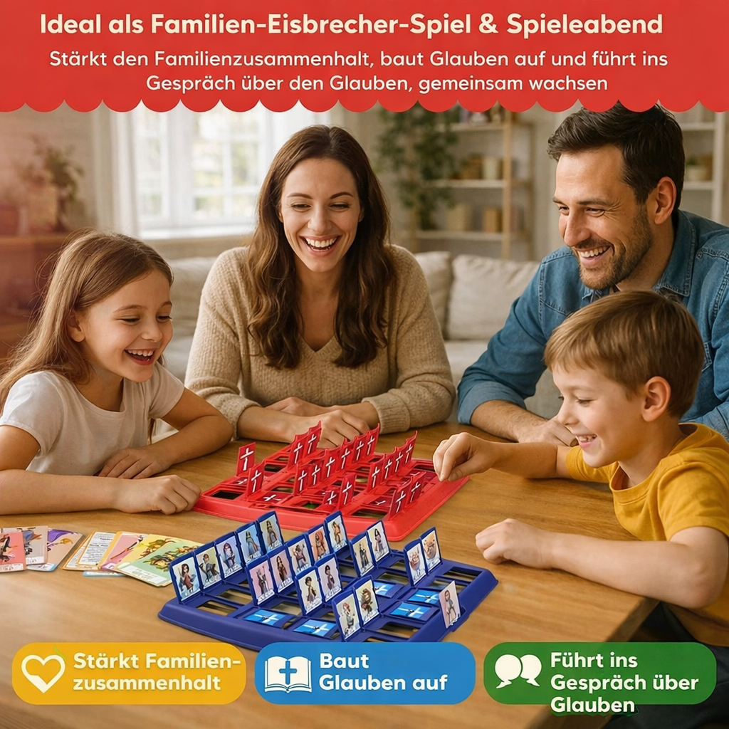 Glückliche Kinder raten biblische Figuren beim christlichen Ratespiel. Fördert Wissen und Glaube.
