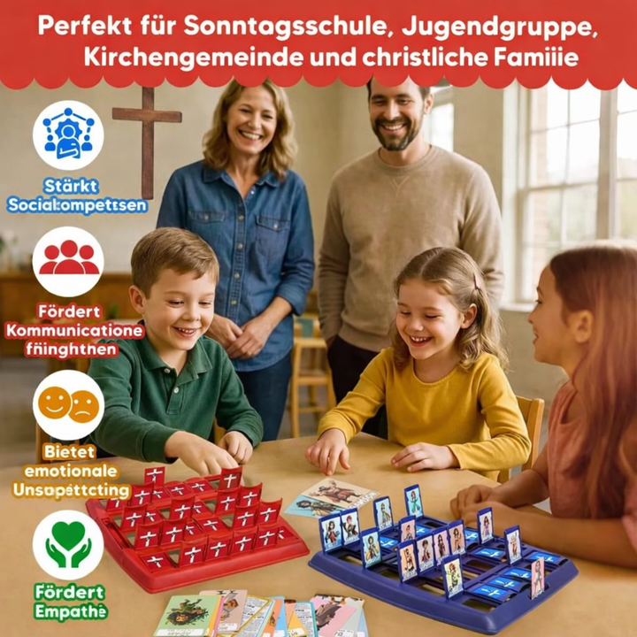 Close-up auf eine Karte des Bibel-Ratespiels mit einer biblischen Figur. Ideal für christliche Familien.