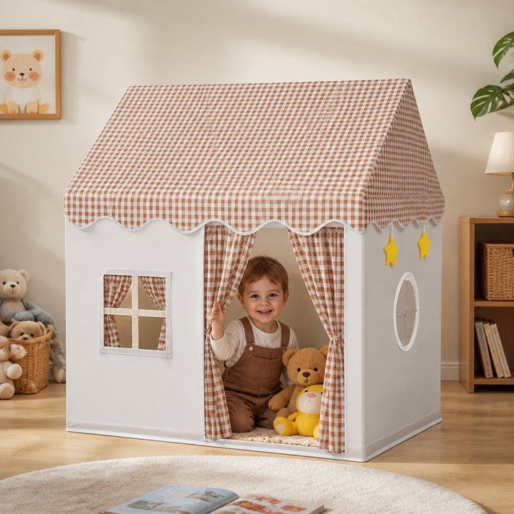 Kinder Spielhaus Zelt mit Karo-Dach für fantasievolle Rollenspiele, ideal für innen & außen.