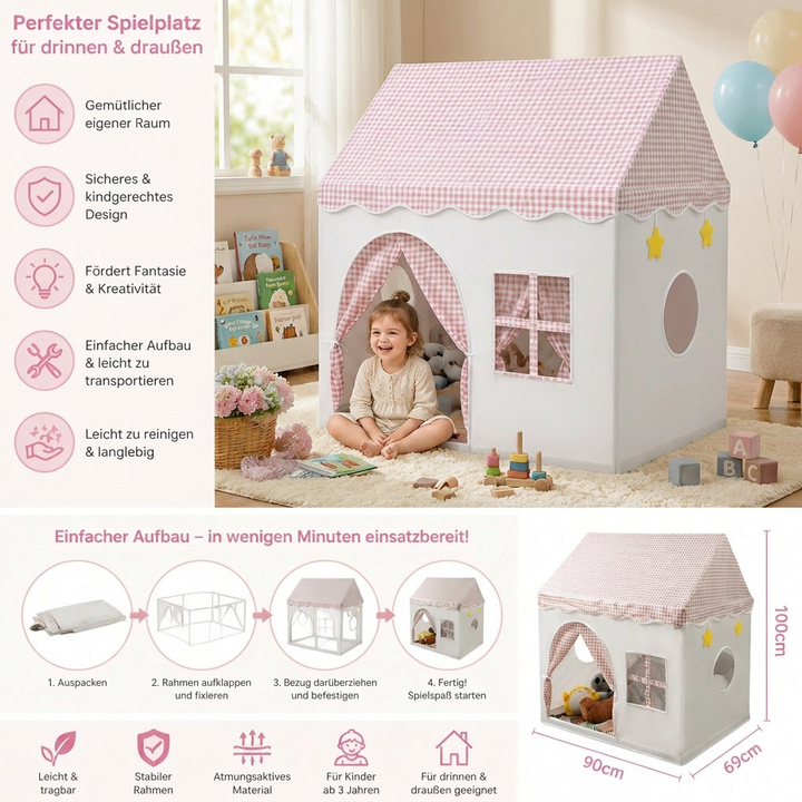 Gemütliches Kinderzelt Spielhaus für kreative Indoor-Abenteuer & Rollenspiele. Perfektes Spielzeug.