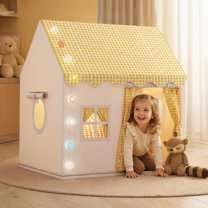 Pädagogisches Kinderzelt Spielhaus für kreative Rollenspiele, fördert Fantasie & Entwicklung, drinnen/draußen.