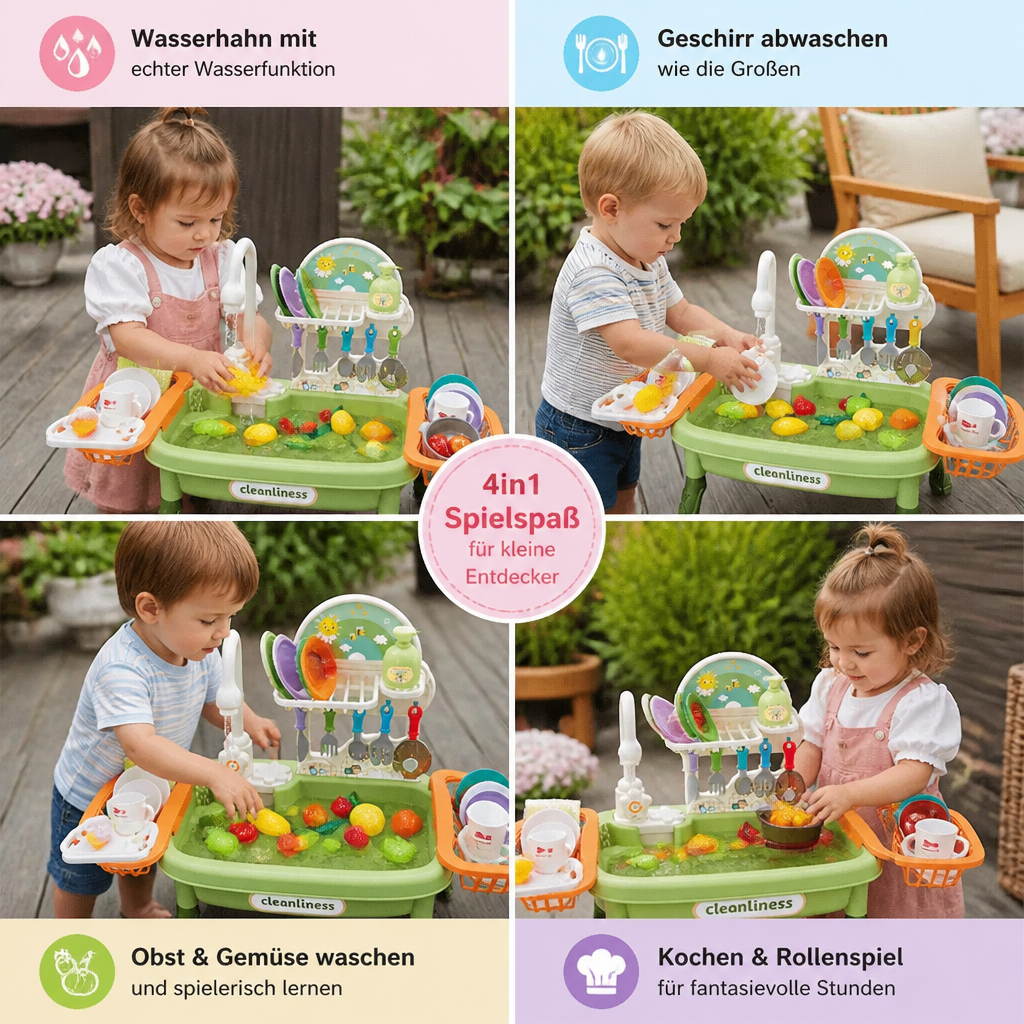 Realistische Spielküche für Kinder mit Wasserhahnfunktion; ideal für kreatives Rollenspiel im Sommergarten.