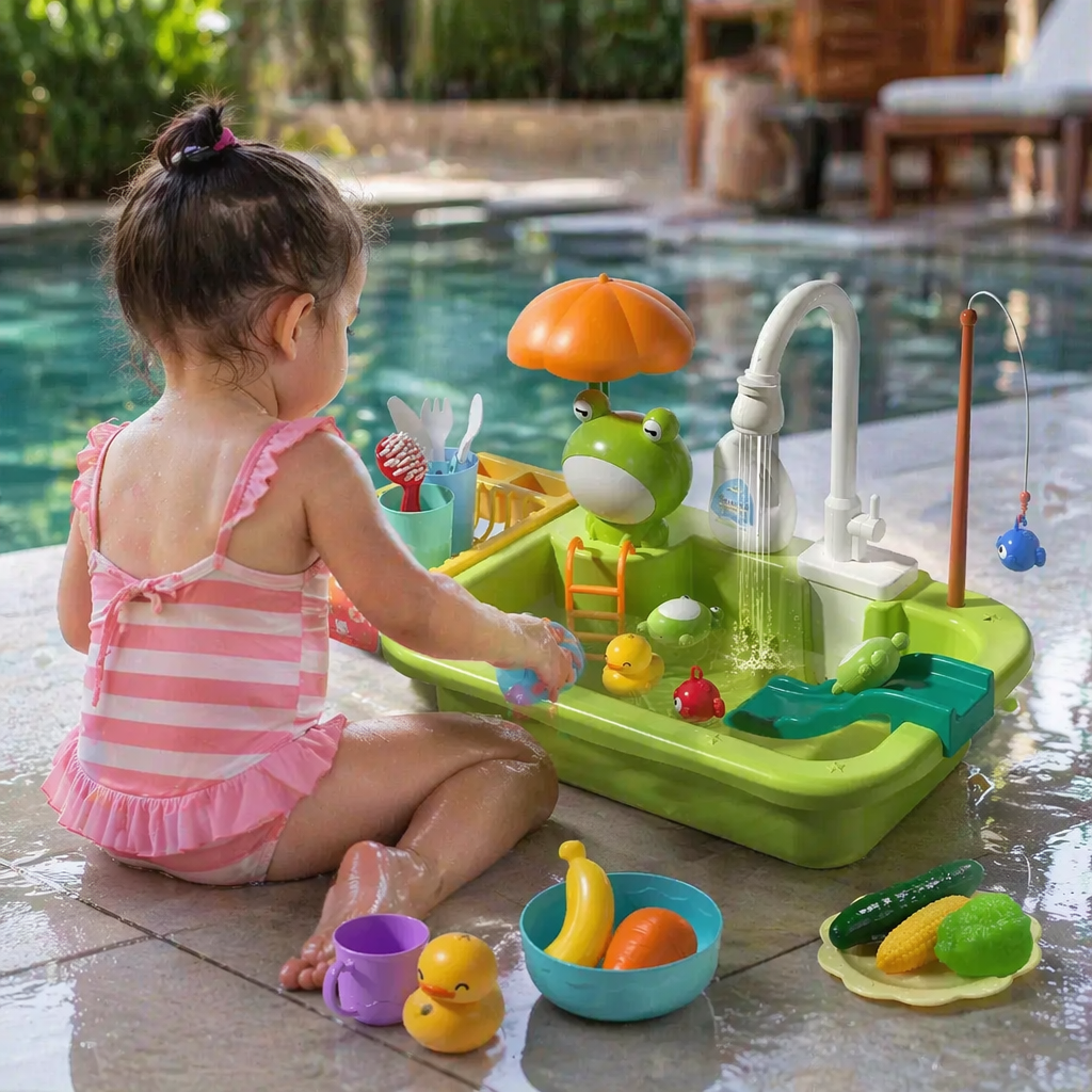 Kinder-Spielküche mit Wasserfunktion, Kochfeld, Spüle & Angelspiel. Fördert Rollenspiel & Feinmotorik.