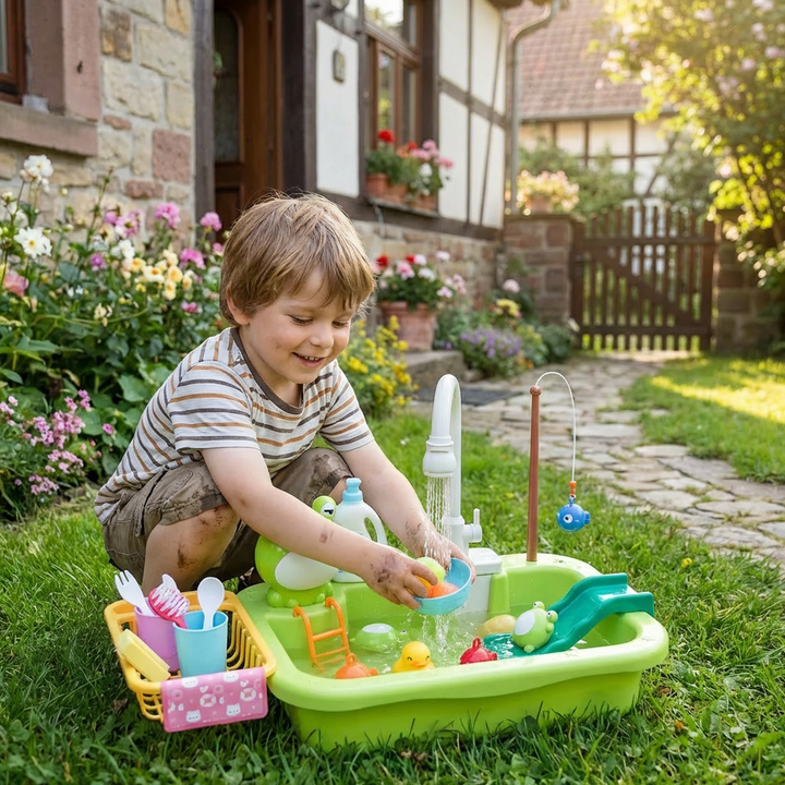 Detailierte Spielküche mit funktionierendem Wasserhahn & Spüle. Ideal für Wasserspiel & Sauberkeit.