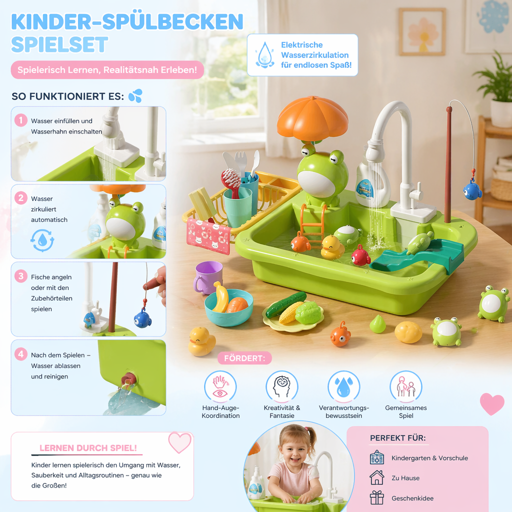 Angelspiel-Bereich der Kinder-Spielküche mit magnetischer Angel & bunten Fischen. Trainiert Geschicklichkeit.