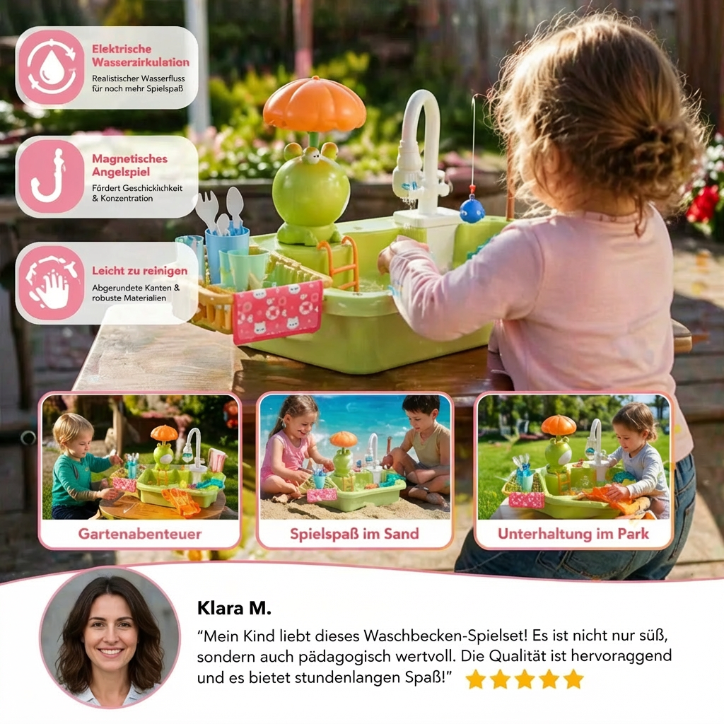 Interaktive Spielküche für kreatives Rollenspiel: Kochen, Spülen & Angeln. Fördert Vorstellungskraft.