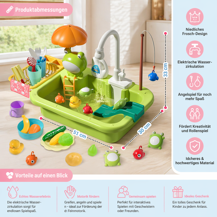Zubehör der Kinder-Spielküche: Töpfe, Pfannen, Geschirr & Angel für realitätsnahes Spielen.