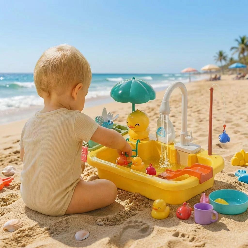 Kind spielt begeistert mit der Wasserfunktion der Kinder-Spielküche und fängt bunte Fische.