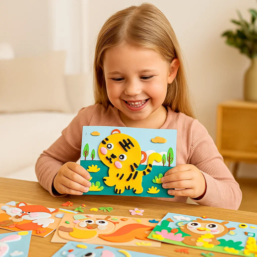 Kinder Sticker Bastelset für kreativen Lernspaß. Fördert Feinmotorik. Mit Tier- und Fahrzeugstickern.