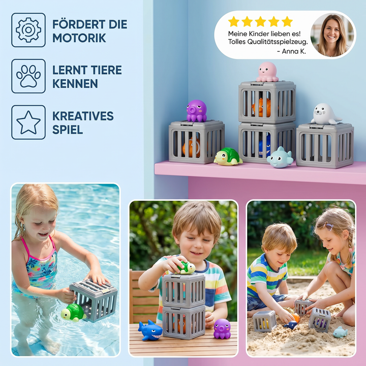 Kind taucht im Pool nach bunten Meerestieren aus dem Wasserspielzeug Set; fördert spielerisch die Motorik.