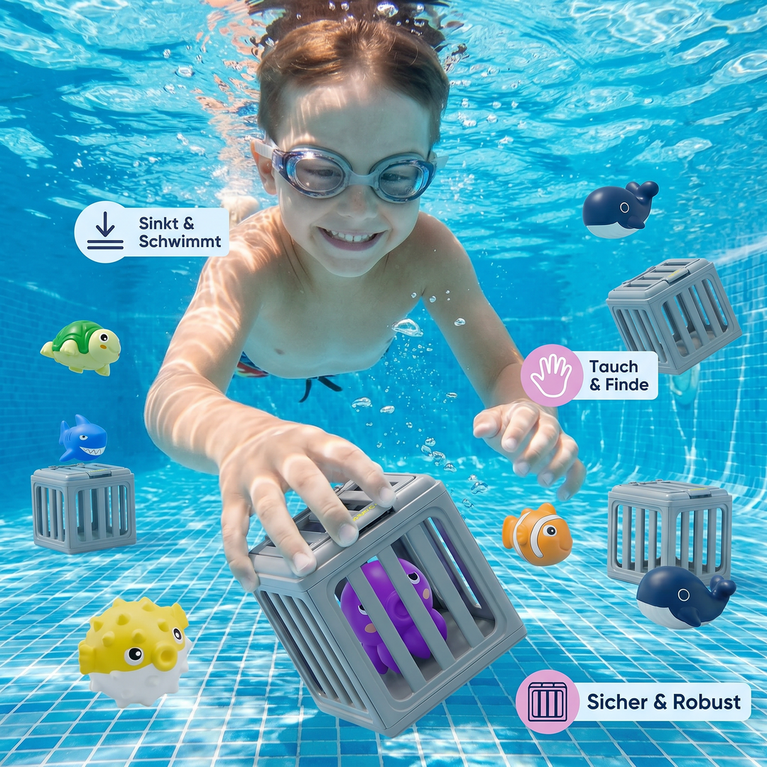 Sommerlicher Poolspaß: Kinder Wasserspielzeug Set mit bunten Tauch-Meerestieren; fördert Schwimmen und Motorik.