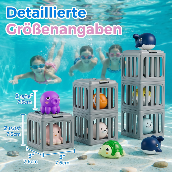 Nahaufnahme bunter Tauchspielzeuge in Form von Meerestieren; perfekt für Kinder Pool- und Schwimmspaß.