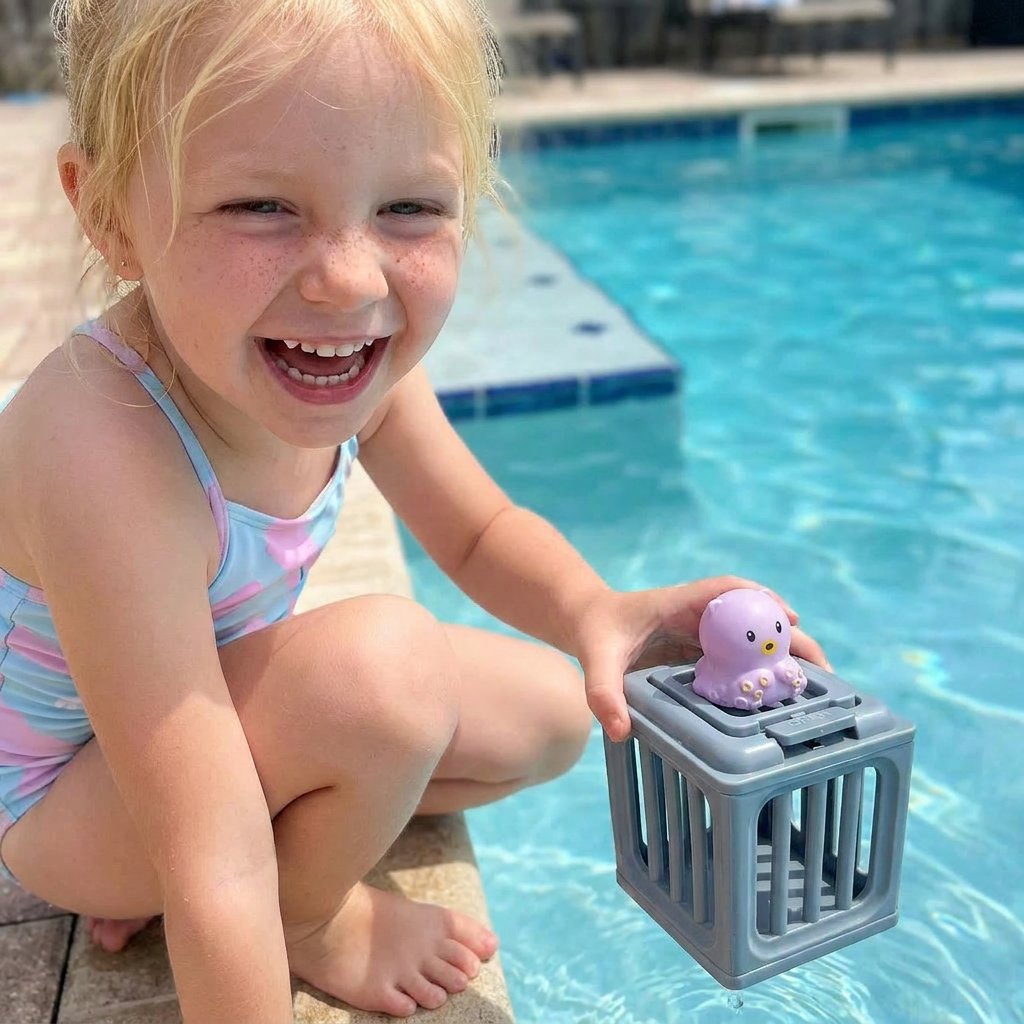 Verschiedene bunte Tauchspielzeuge als Meerestiere für Kinder. Ein Set für Unterwasser Pool Spaß und Motorik.