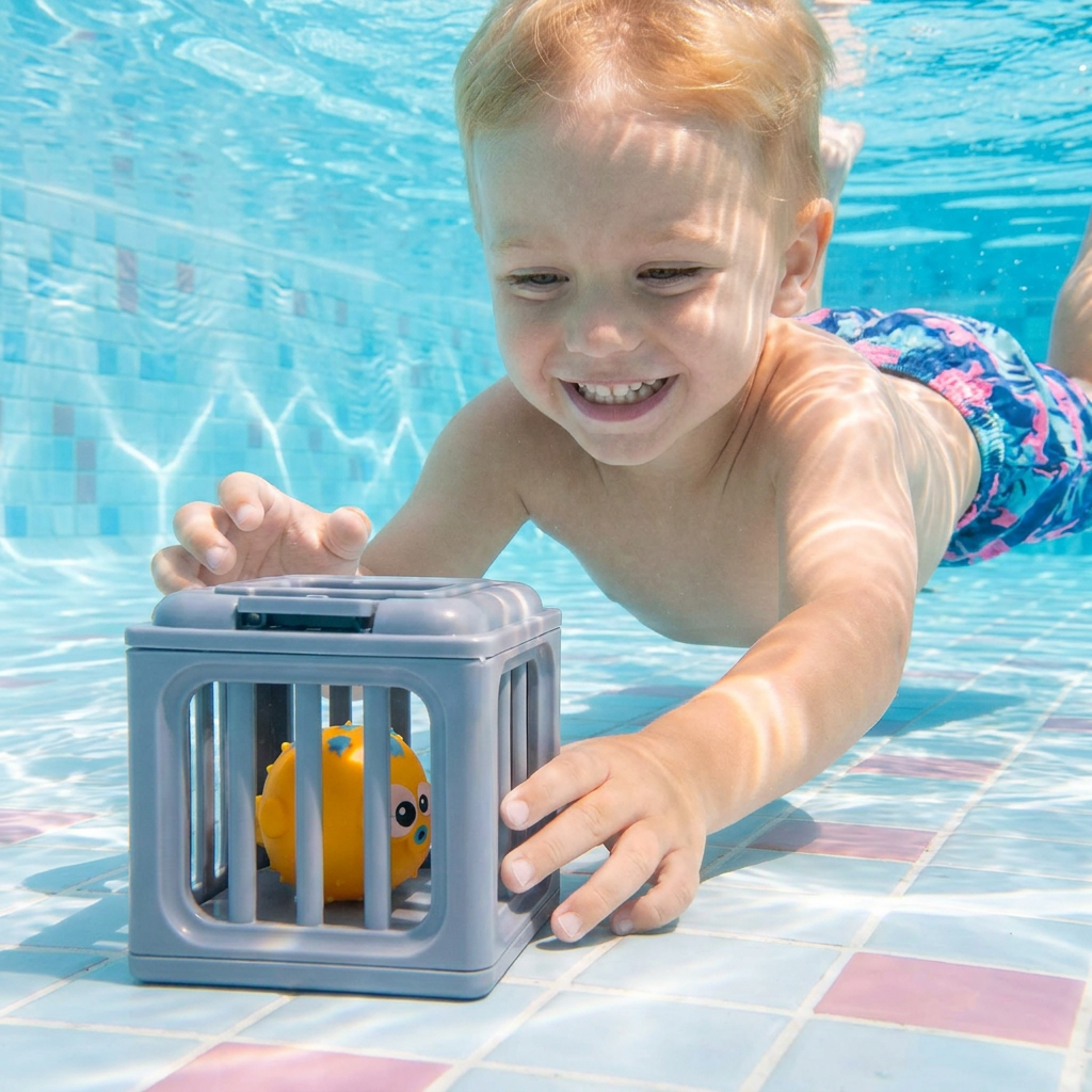 Fröhliche Kinder genießen Unterwasser Pool Spaß mit dem Tauchspielzeug Set aus bunten Meerestieren im Sommer.