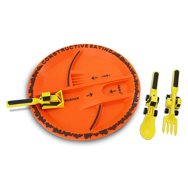Gesamtes Kindergeschirr-Set mit Bulldozer-Motiven und Bagger-Besteck für lustige Kleinkind-Mahlzeiten.