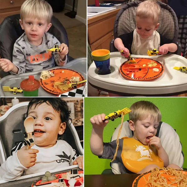 Komplettes Baugeräteset Kindergeschirr: Kinderteller und Esslernbesteck in lustiger Bagger-Form.