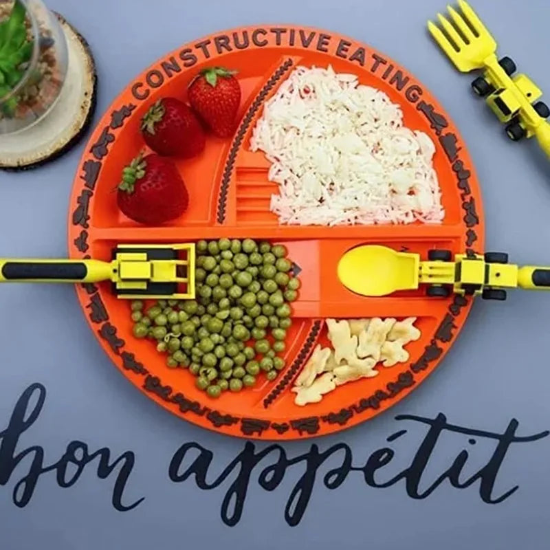 BPA-freies Kindergeschirr Bulldozer-Set. Sicheres Esslernbesteck für Kleinkinder zum spielenden Essen lernen.