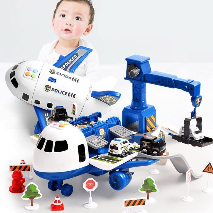 Detailansicht des robusten Spielzeug-Flugzeugs mit Rädern und Flügeln für Kinderhände.