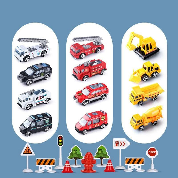 Komplettes Abenteuer-Spielset: Flugzeug & bunte Fahrzeuge zusammen auf dem Spielteppich.