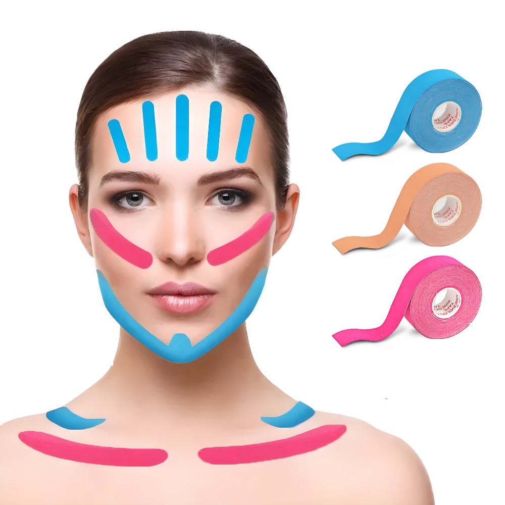 Hautfreundliches Kinesiologie Tape für Gesicht & Hals, unterstützt natürliche Elastizität und Straffung.