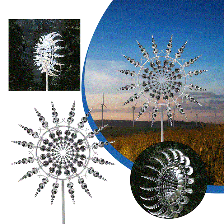 Magischer Metall-Windspinner im Garten. Eine kinetische Windmühle und wetterfeste Outdoor-Dekoration für ein einzigartiges Ambiente.
