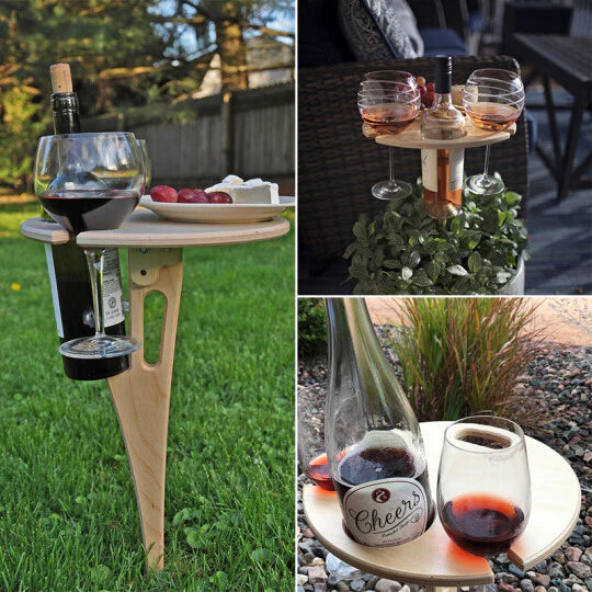 Mobiler Weinhalter-Picknicktisch für zwei Gläser & Weinflasche. Perfekt für Garten, Strand, Outdoor-Events. Stabil & tragbar.