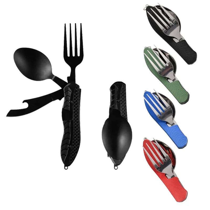 Klappbares 3-in-1 Outdoor-Besteckset aus Edelstahl für Camping & Reisen. Messer, Gabel, Löffel kombiniert.