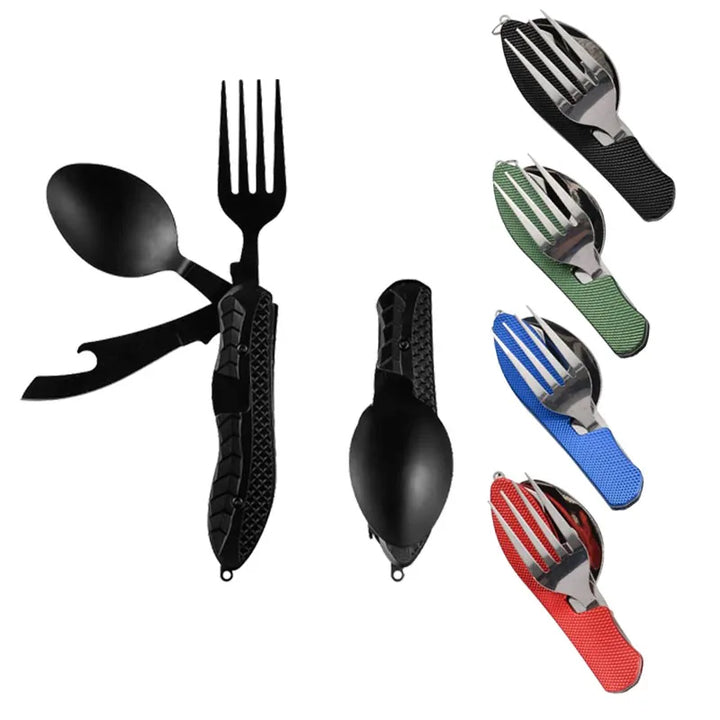 Klappbares 3-in-1 Outdoor-Besteckset aus Edelstahl für Camping & Reisen. Messer, Gabel, Löffel kombiniert.