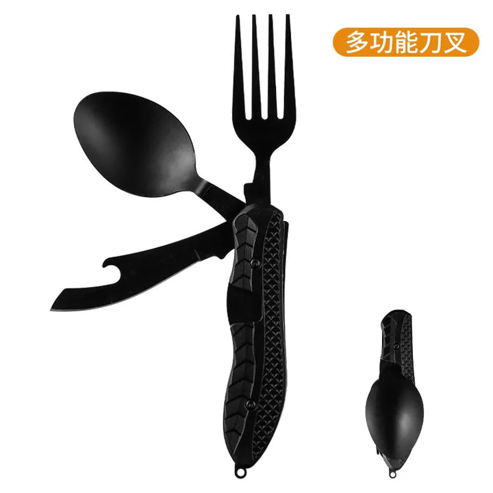 Essentielles Outdoor-Besteckset: Klappbares Messer, Gabel, Löffel aus Edelstahl. Zuverlässig für Camping & Wandern.