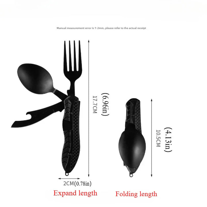 Kompaktes Faltbesteck für Outdoor-Abenteuer: robustes Edelstahl-Messer, Gabel & Löffel. Ideal für Rucksackreisen.