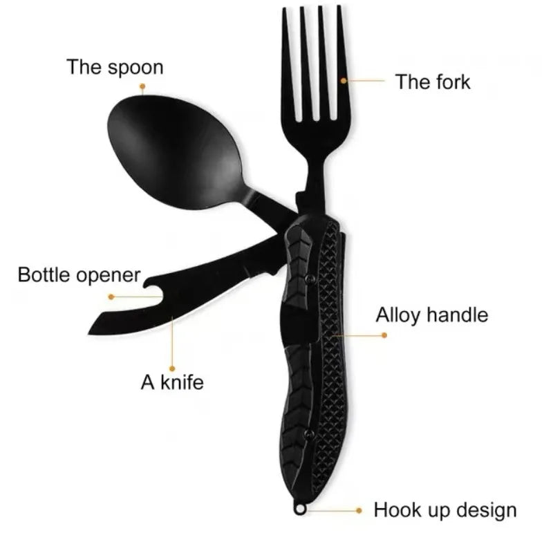 Robustes Edelstahl-Campingbesteck 3-in-1: klappbares Messer, Gabel & Löffel. Perfekt für Wandern & Picknick.