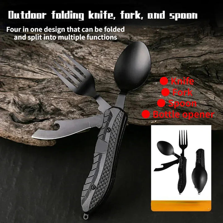 Praktisches 3-in-1 Outdoor-Set: klappbares Messer, Gabel und Löffel aus rostfreiem Edelstahl. Ideal für Rucksackreisende.