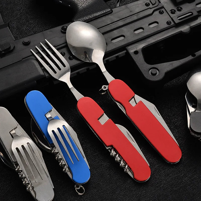 Klappbesteck 4-in-1 aus Edelstahl für Outdoor, Camping & Wandern mit Löffel, Gabel, Messer, Öffner.