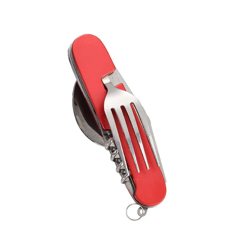 Platzsparendes 4-in-1 Klappbesteck Set für unterwegs: Löffel, Gabel, Messer, Flaschenöffner kompakt.
