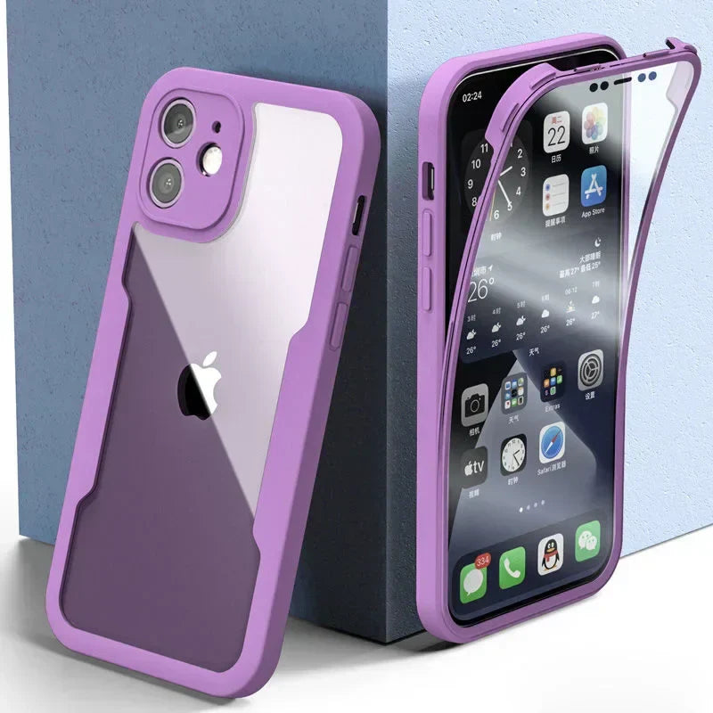 Robuste Full-Cover iPhone Handyhülle transparent, inkl. Linsen- & Bildschirmschutz, 1+1 gratis.