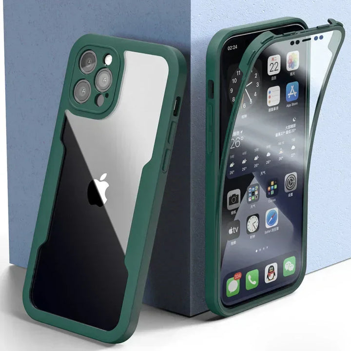Full-Cover Acryl/TPU iPhone Schutzhülle klar, mit Displayschutz & Kameraschutz, doppelter Schutz.