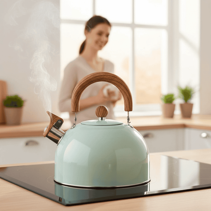Eleganter hellgrüner 3L-Pfeifkessel aus Edelstahl, stylischer Wasserkocher für Teeküche & Kochen.
