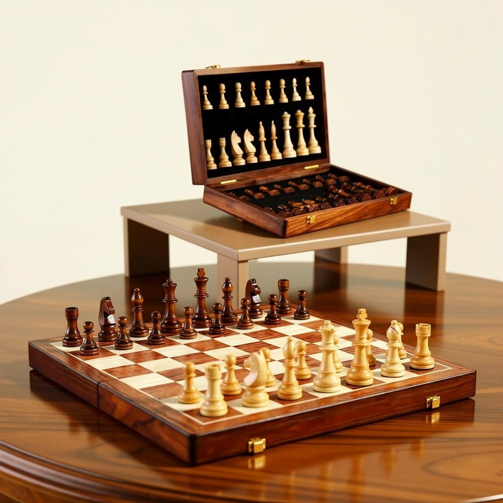 Klassisches Schachspiel aus Massivholz, detailliert geschnitzte Figuren. Perfektes Brettspiel für Strategieliebhaber.