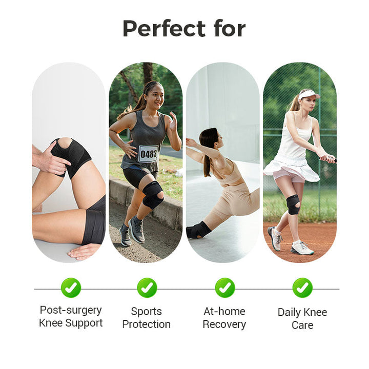 Nahaufnahme der verstellbaren Kniebandage mit atmungsaktivem Material für gezielten Kniesupport.