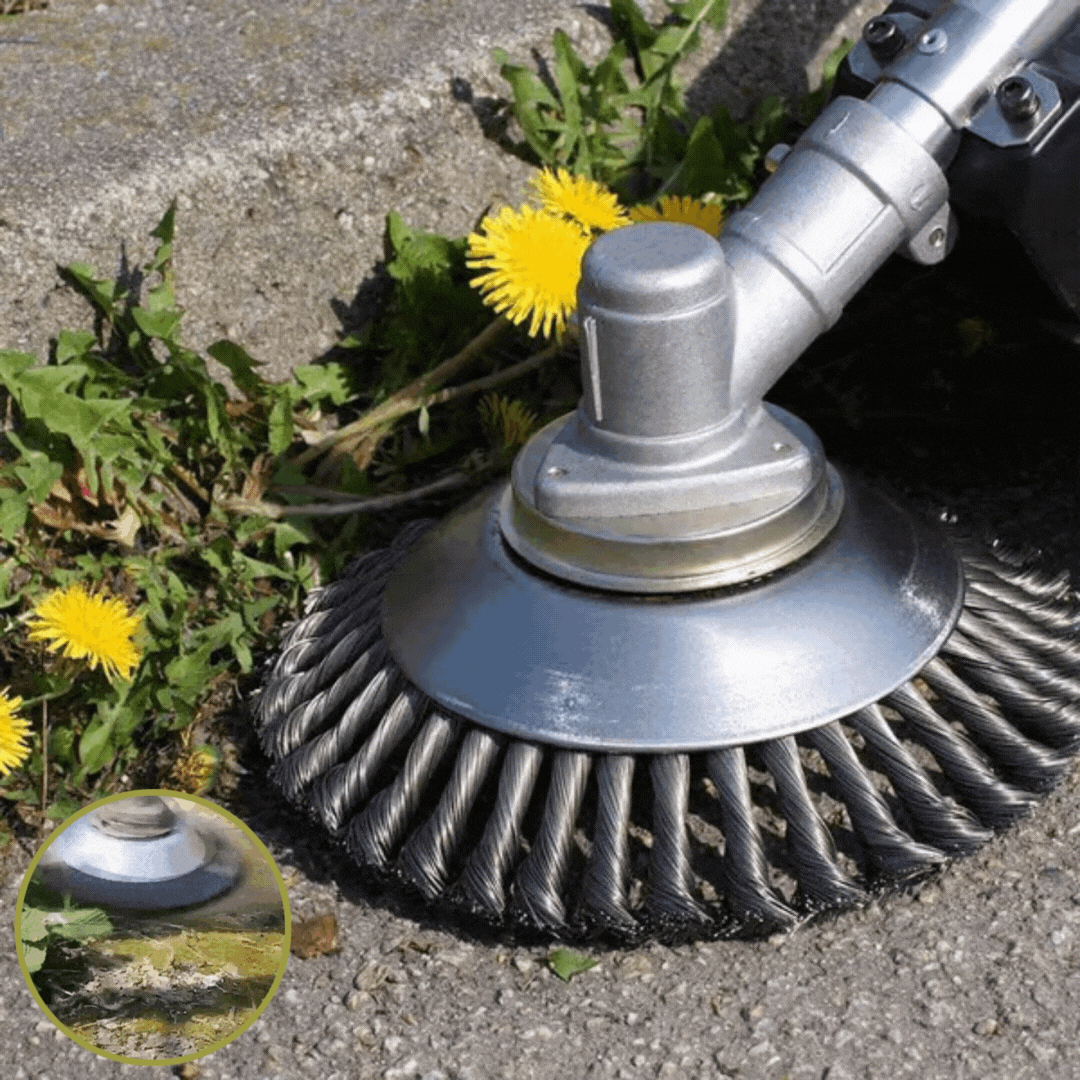 Kohlenstoffstahl Unkrautbürste für Rasentrimmer, effizientes Gartenwerkzeug zur Unkrautentfernung.