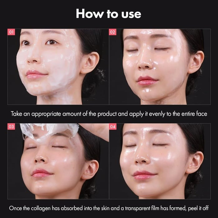 Auftragen der Kollagen Peel-off Gesichtsmaske. Für glatte, hydratisierte Haut und verbesserte Elastizität & Festigkeit.