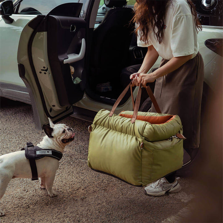 Eleganter Hundeautositz aus Kunstleder, ideal für sichere & entspannte Reisen mit Hunden.